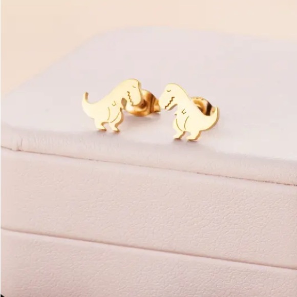 NEW Dainty Dinosaur stud Earrings Stainless Steel Gold color T Rex - Boutique - Picture 4 of 4